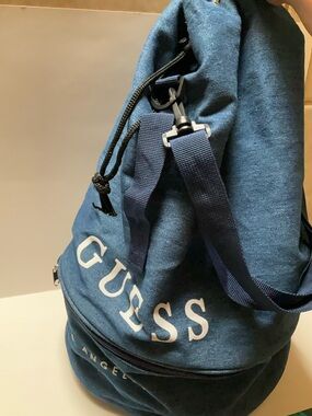 GUESS Los Angeles Cotton Denim Blue Bucket Duffle Drawstring Gym Bag Bottom Zip